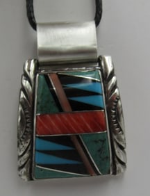 INLAY TURQUOISE SOS NECKLACE PENDANT STERLING SILV