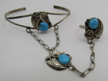 TURQUOISE RING BRACELET SET STERLING SILVER