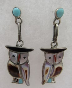 ZUNI INLAY OWL TURQUOISE EARRINGS STERLING SILVER