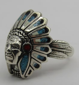 INDIAN CHIEF RING STERLING SILVER SIZE 13 TURQUOIS