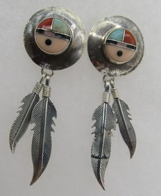 INLAY SUNFACE FEATHER ZUNI EARRINGS STERLING SILVE