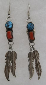 TURQUOISE CORAL & FEATHER EARRINGS STERLING SILVER
