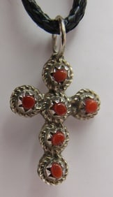 "BN" CORAL CROSS NECKLACE PENDANT STERLING SILVER