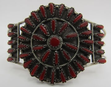 BEGAY PETIT POINT CORAL CUFF BRACLET STERLING SILV