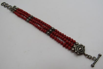 MG" CORAL BEAD BRACELET STERLING SILVER 8