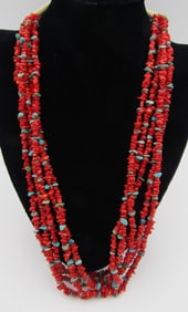 28" 5 STRAND TURQUOISE & CORAL NUGGET NECKLACE