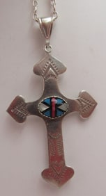 INLAY TURQUOISE 3" CROSS PENDANT NECKLACE STERLING