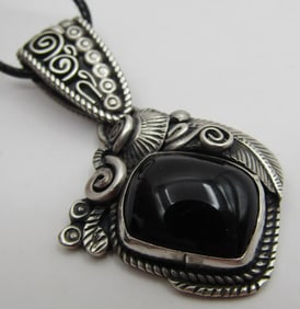 "B" ONYX NECKLACE PENDANT STERLING SILVER