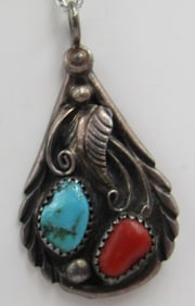 "W LONG" TURQUOISE CORAL PENDANT NECKLACE STERLING