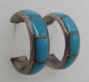 TURQUOISE INLAY HOOP EARRINGS STERLING SILVER