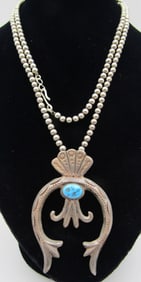 36" "VT" TURQUOISE STERLING SILVER BEAD NECKLACE