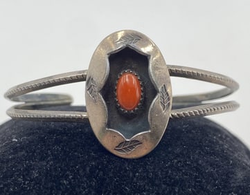 RED CORAL SHADOWBOX NAVAJO STERLING BRACELET