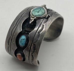 STERLING NAVAJO TURQUOISE CORAL WATCH BRACELET