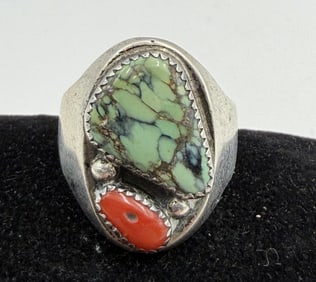 SIZE14.5 DAMELE TURQUOISE RED CORAL STERLING RING