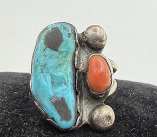 SIGNED OLD HOPI STERLING TURQUOISE RED CORAL RING