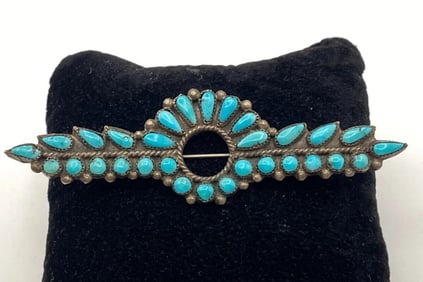 3.5" OLD ZUNI PETIT POINT TURQUOISE STERLING PIN