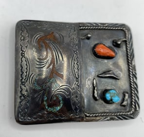 OLD PAWN VINTAGE STERLING TURQUOISE BELT BUCKLE