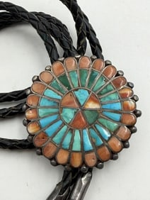 OLD PAWN STERLING ZUNI TURQUOISE CLUSTER BOLO TIE