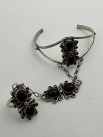 STERLING ONYX BRACELET RING PENDANT SET