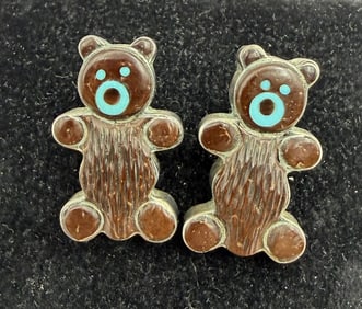 ZUNI TEDDY BEAR STERLING TURQUOISE INLAID EARRINGS
