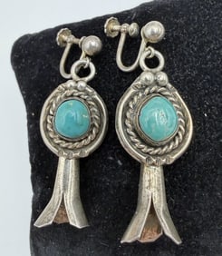 STERLING SQUASH BLOSSOM EARRINGS TURQUOISE