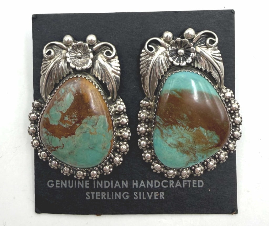 32 GRAM "GB" STERLING TURQUOISE NAVAJO EARRINGS (1 of 4)