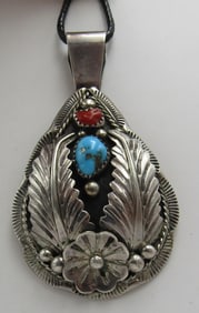 TURQUOISE & CORAL NECKLACE PENDANT STERLING SILVER