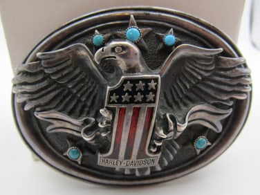 BW" HARLEY-DAVIDSON BELT BUCKLE STERLING TURQUOISE
