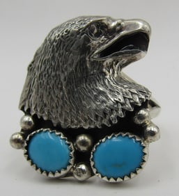 YAZZIE TURQUOISE EAGLE RING STERLING SILVER SIZE12