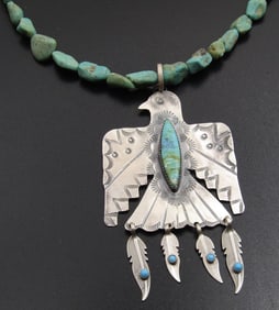 WILLIE TURQUOISE EAGLE BIRD NECKLACE STERLING SILV
