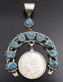 SIGNED DN TURQUOISE STERLING 1885 COIN NAJA