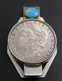 1884 SILVER DOLLAR TURQUOISE MONEY CLIP STERLING