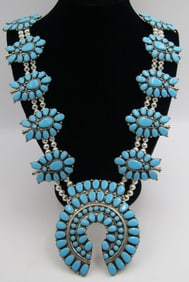 SW" TURQUOISE SQUASH BLOSSOM NECKLACE STERLING SIL