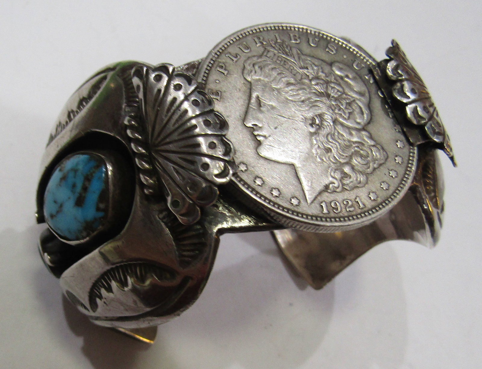 128GR "WT" 1921 DOLLAR TURQUOISE BRACELET STERLING (1 of 4)