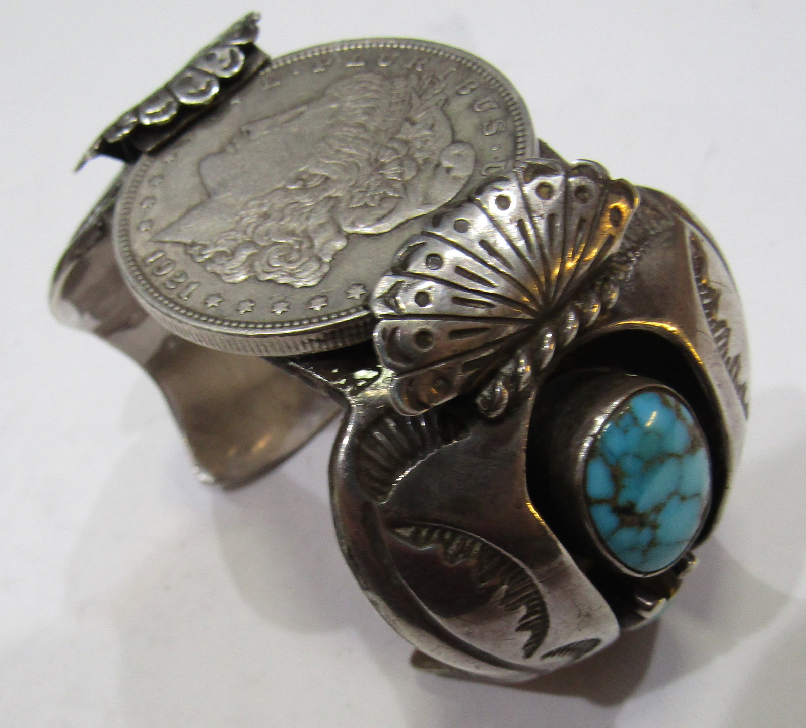 128GR "WT" 1921 DOLLAR TURQUOISE BRACELET STERLING - 2