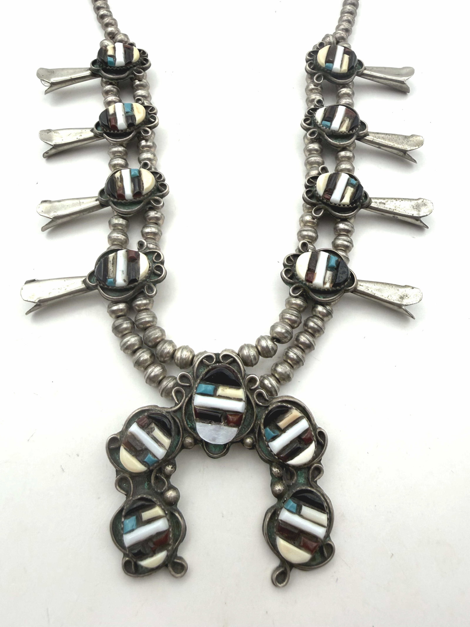 TURQUOISE SHELL STERLING SQUASH BLOSSOM NECKLACE (1 of 6)