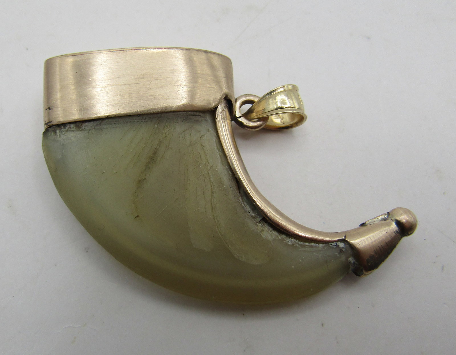 LARGE 2" TIGER CLAW IN 14K GOLD 8.3GRAMS: 2 INCH BY 1 INCH NATURAL TIGER CLAW IN 14K YELLOW GOLD. WEIGHS 8.3 GRAMS. WITH IMPERIAL AUCTION THE COST FOR PACKING AND SHIPPING VIA USPS IN THE USA IS $5.