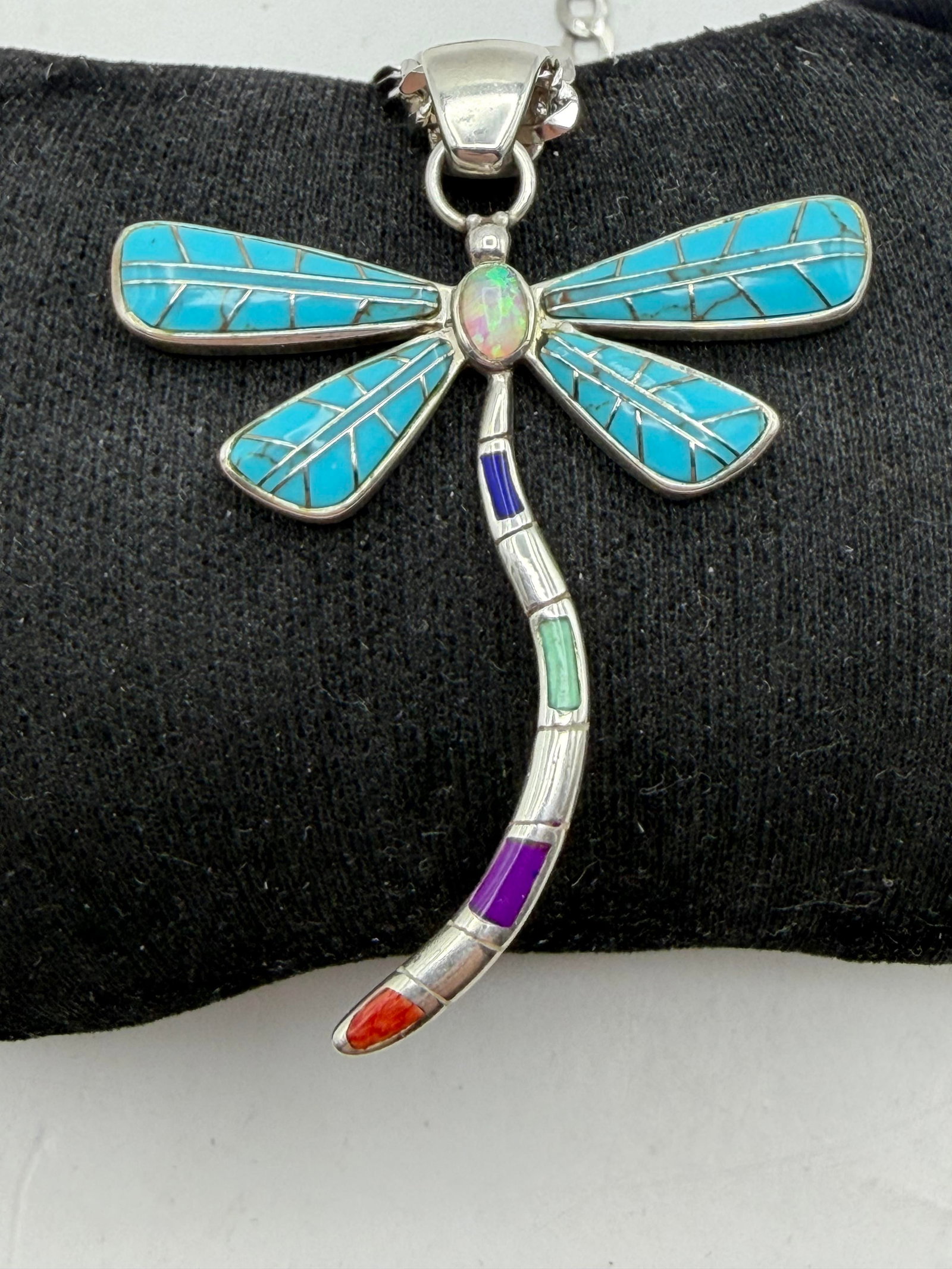 STERLING TURQUOISE OPAL DRAGONFLY NECKLACE: WEIGHS 21.3 GRAMS. CURB CHAIN MEASURES 24". PENDANT IS 2.25" X 1.75". MARKED TESTED STERLING SILVER. WITH IMPERIAL AUCTION THE COST FOR PACKING AND SHIPPING VIA USPS IN THE USA IS $5.