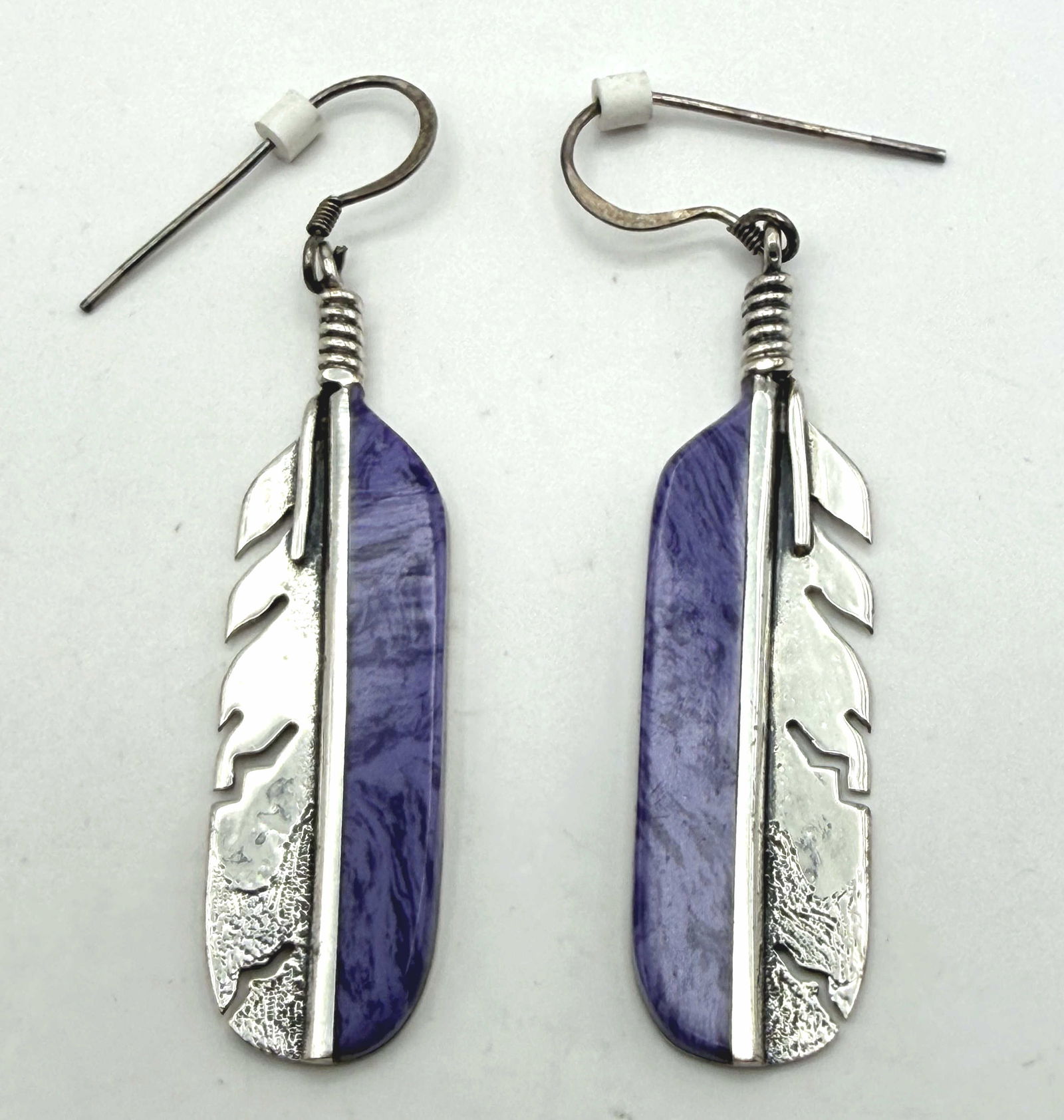 SC" STERLING CHAROITE FEATHER EARRINGS 1.75 (1 of 3)