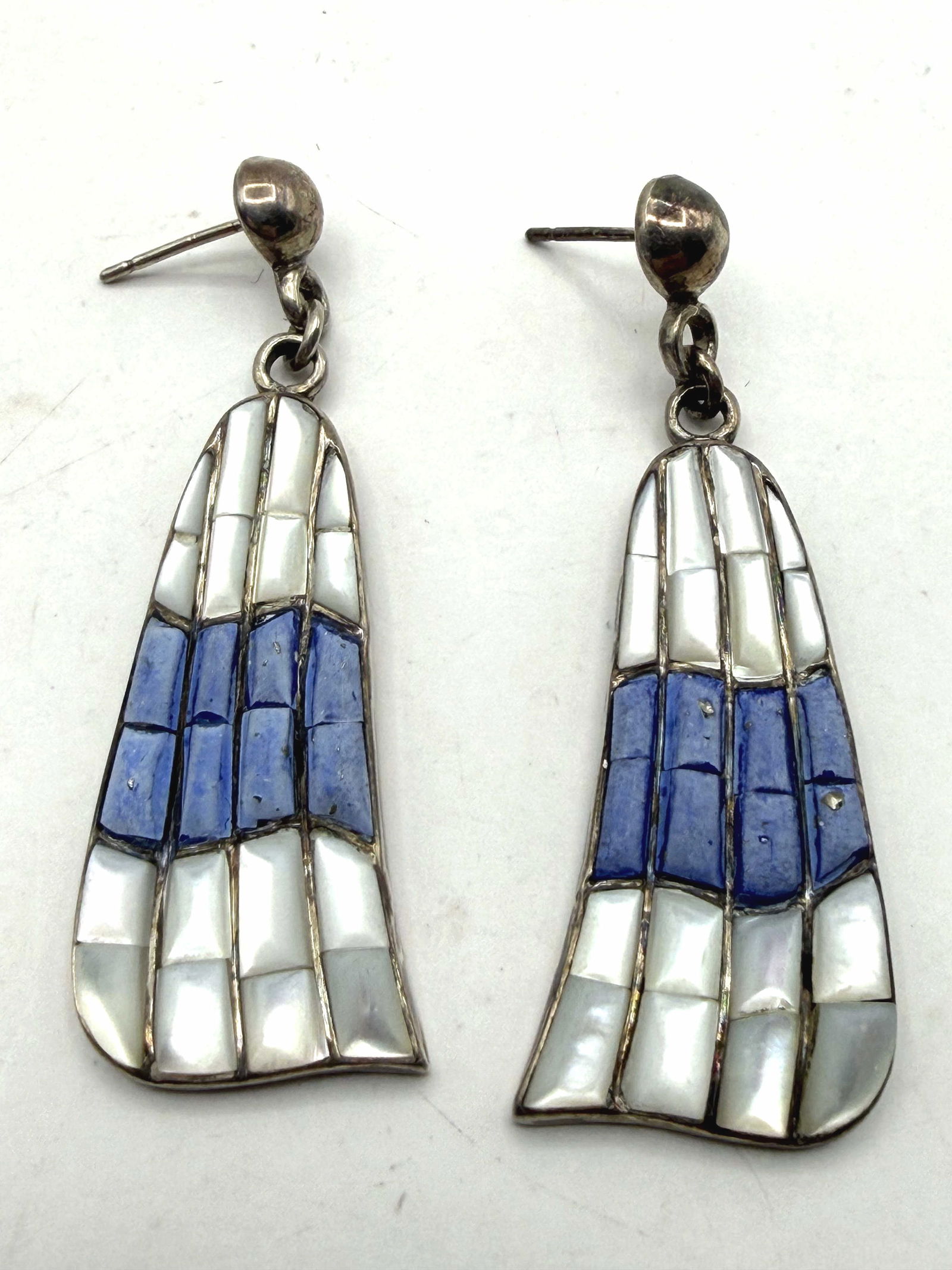 STERLING LAPIS MOTHER OF PEARL SHELL FAN EARRINGS: WEIGHS 9.3 GRAMS. MEASURES 1.75". MARKED TESTED STERLING SILVER. WITH IMPERIAL AUCTION THE COST FOR PACKING AND SHIPPING VIA USPS IN THE USA IS $5.