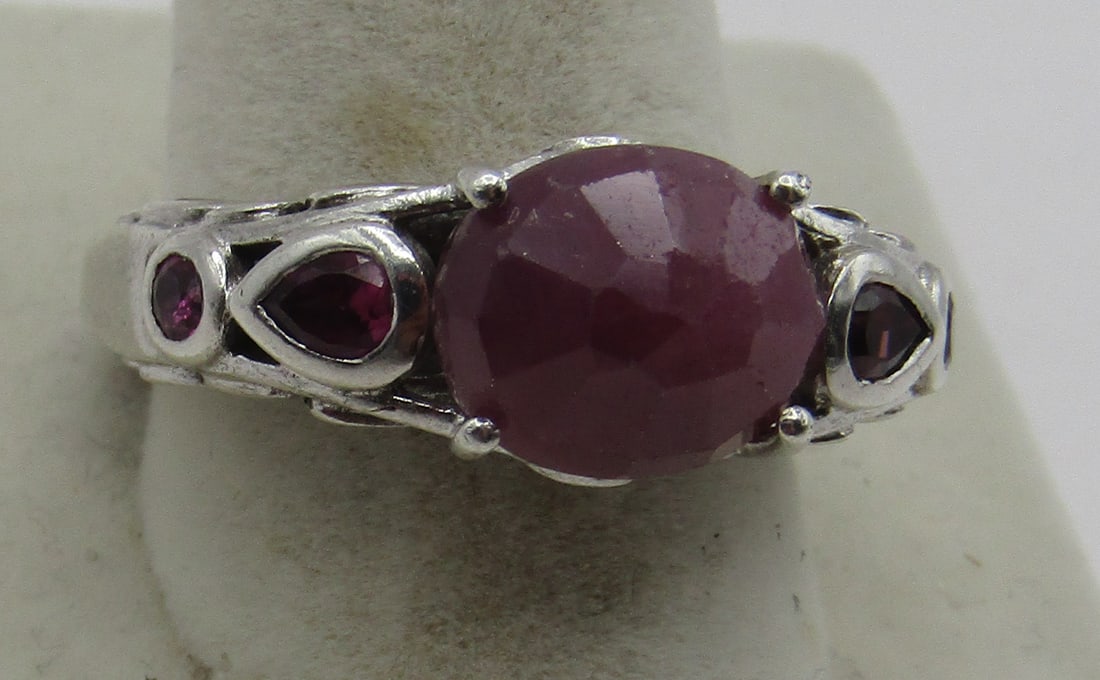 RUBY & GEMSTONE ENCRUSTED RING STERLING SILVER - 2