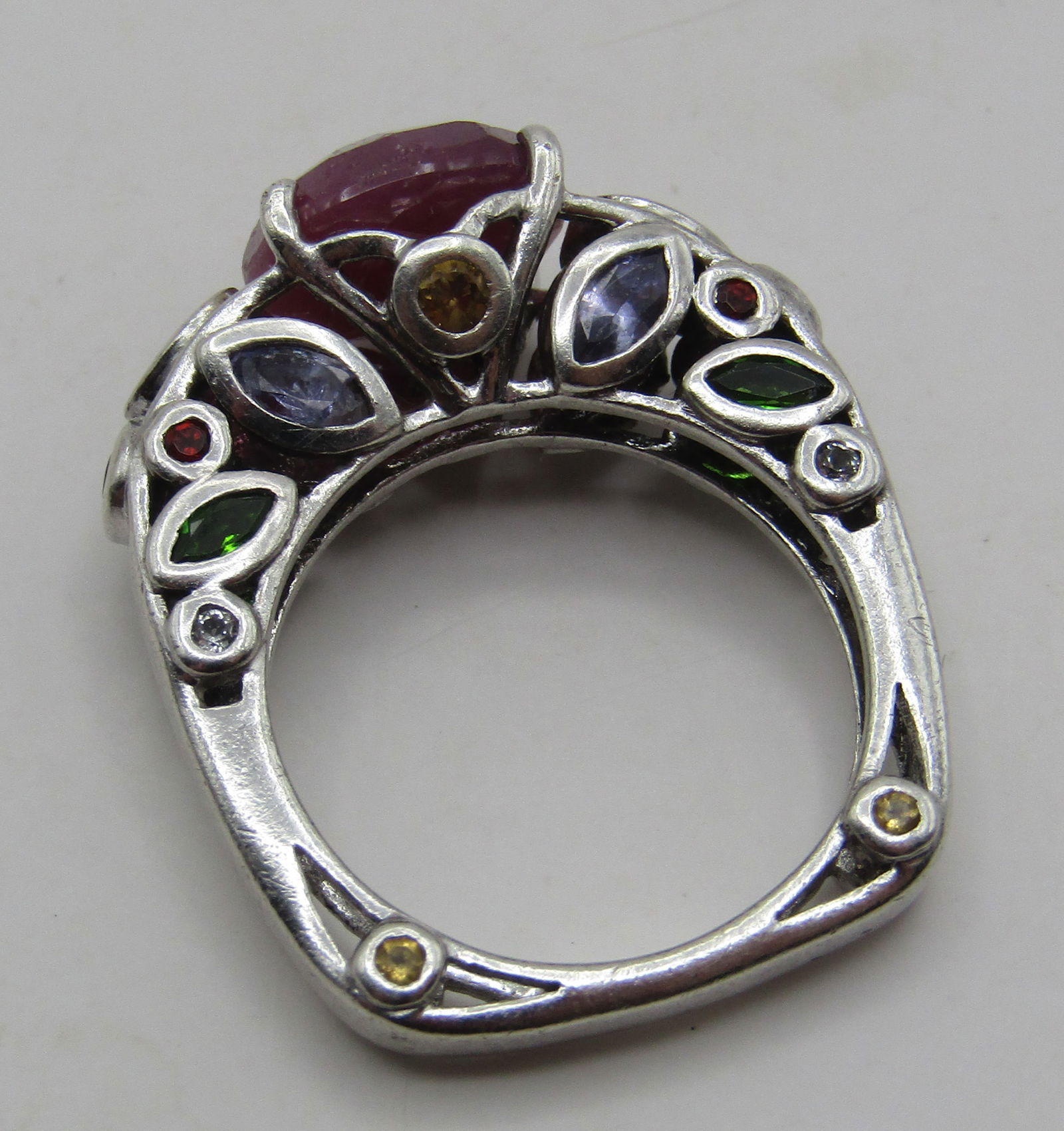 RUBY & GEMSTONE ENCRUSTED RING STERLING SILVER - 3