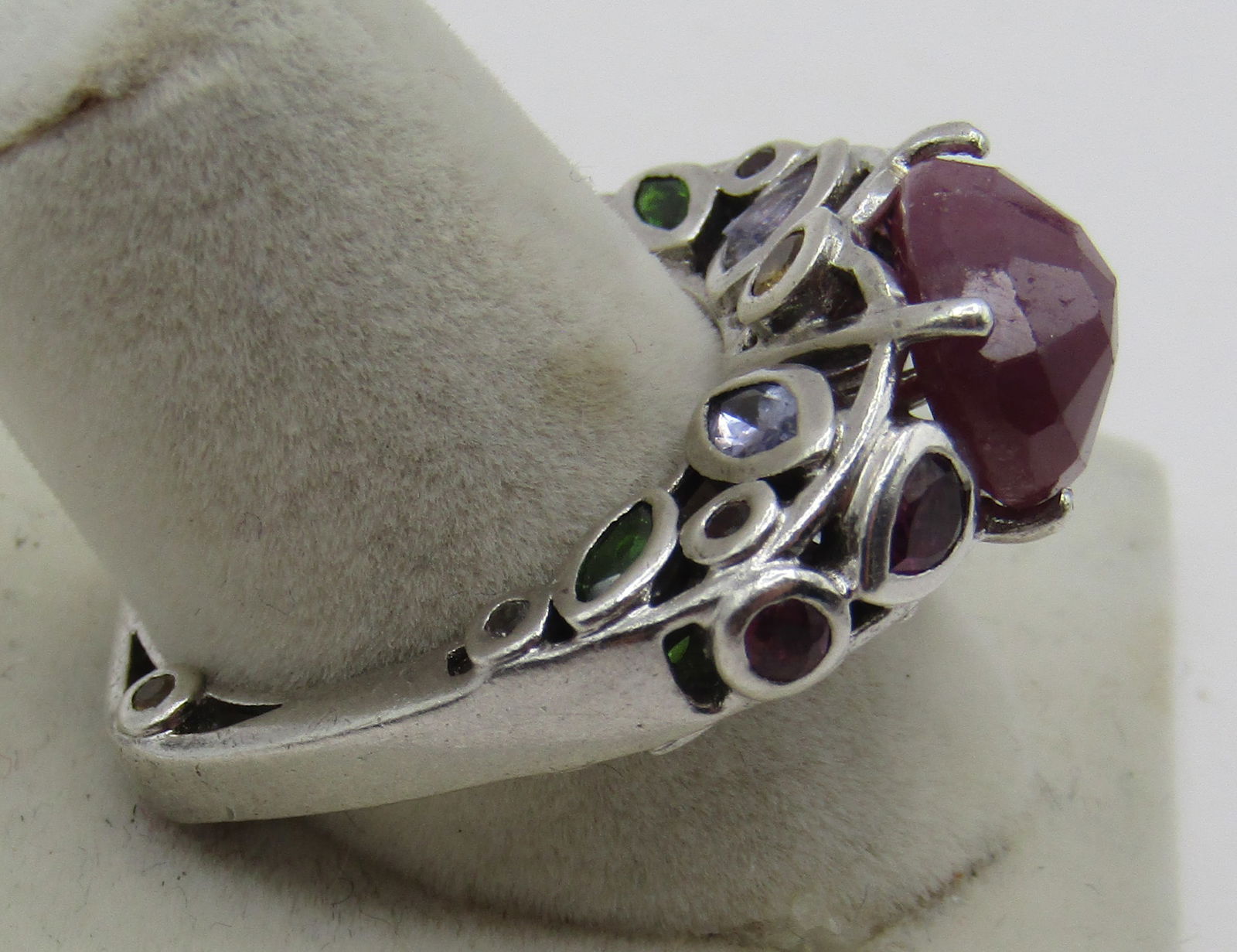 RUBY & GEMSTONE ENCRUSTED RING STERLING SILVER - 4