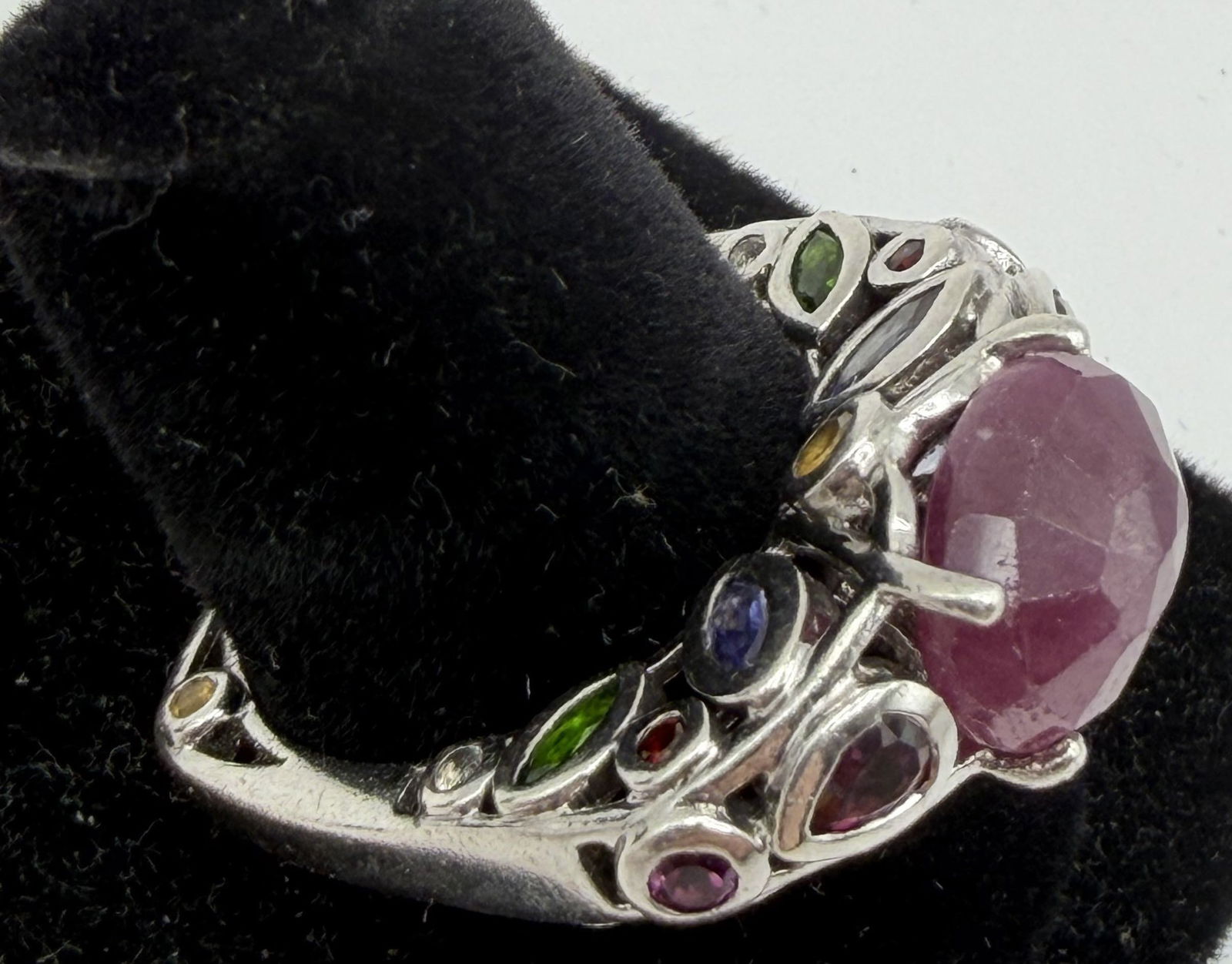 RUBY & GEMSTONE ENCRUSTED RING STERLING SILVER - 5