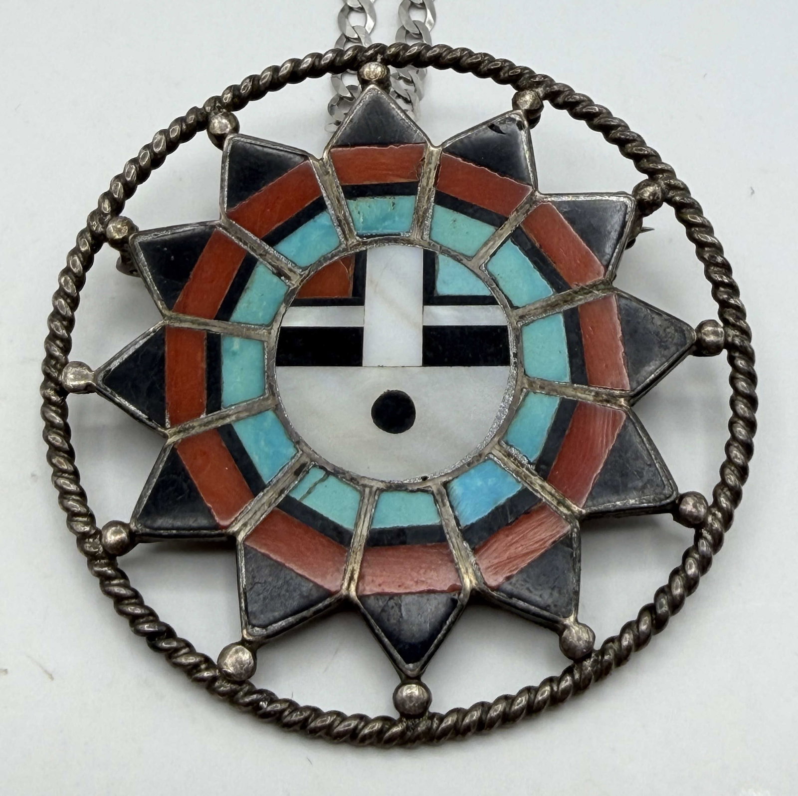 "N" OLD ZUNI STERLING SUNFACE PENDANT NECKLACE (1 of 3)