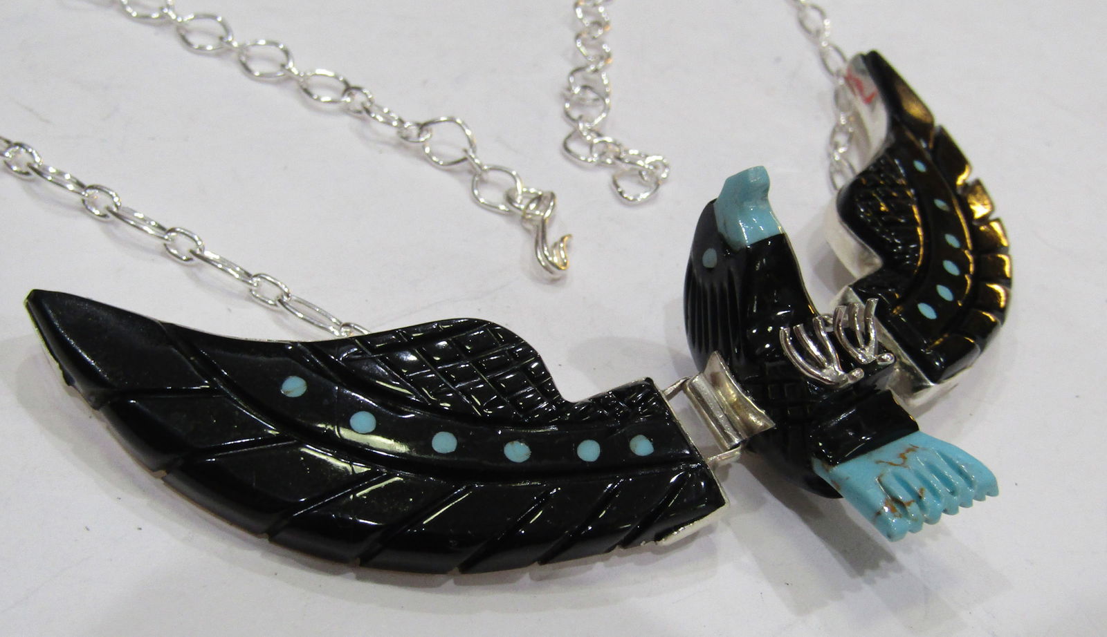BEN LIVINGSTON TURQUOISE EAGLE NECKLACE STERLING: ARTIST HALLMARKED "BL STERLING" AMAZING 3 DIMENSIONAL & MOVEABLE INLAID EAGLE; CARVED TURQUOISE & ONYX. 20 INCHES LONG INCLUDING THE 4.5 INCH 3 PIECE EAGLE PENDANT. NATIVE AMERICAN SOUTHWEST NAVAJO IN