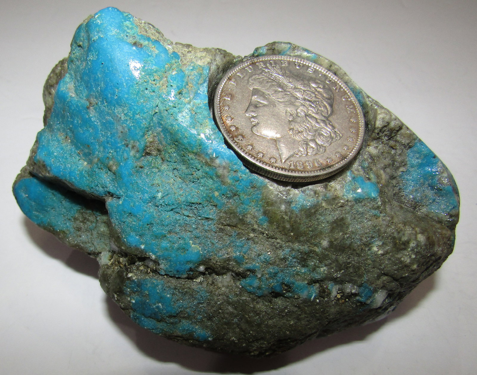 931 GRAM TURQUOISE PAPERWEIGHT 1896 SILVER DOLLAR: TURQUOISE NUGGET WITH 189 MORGAN SILVER DOLLAR. 5 INCH BY 4 INCH. WEIGHS 931 GRAMS. WITH IMPERIAL AUCTION THE COST FOR PACKING AND SHIPPING VIA USPS IN THE USA IS $5.