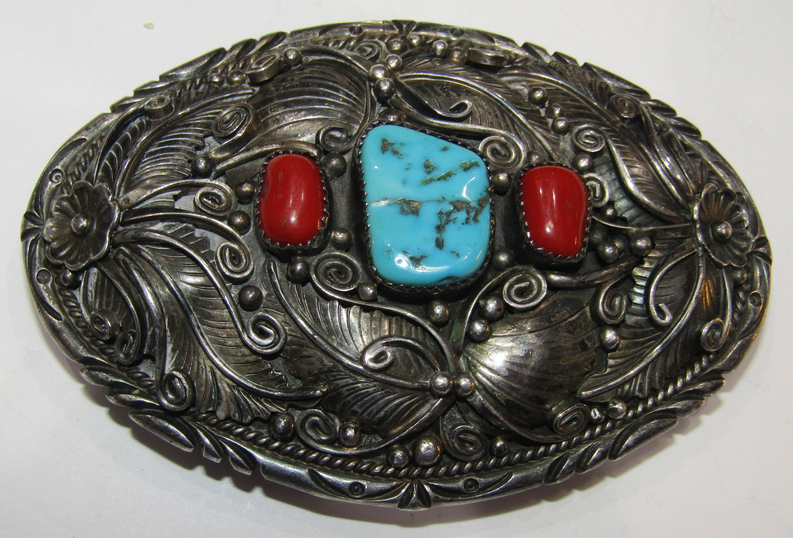 ASHLEY TURQUOISE CORAL BELT BUCKLE STERLING SILVER (1 of 2)