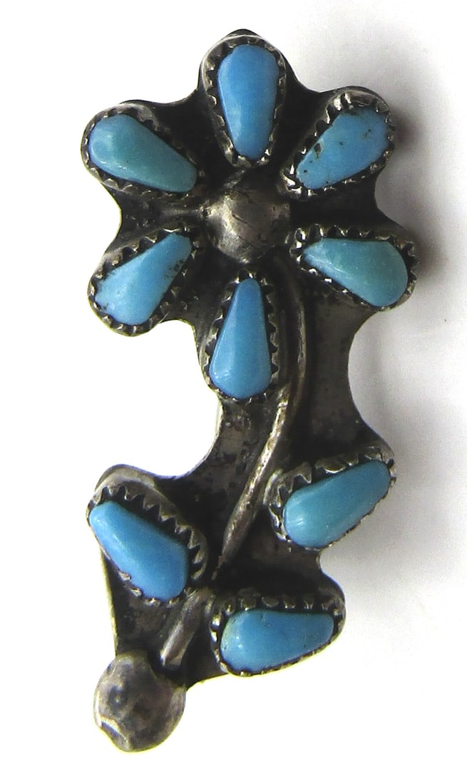 "A?" PETIT POINT TURQUOISE FLOWER PIN STERLING (1 of 4)