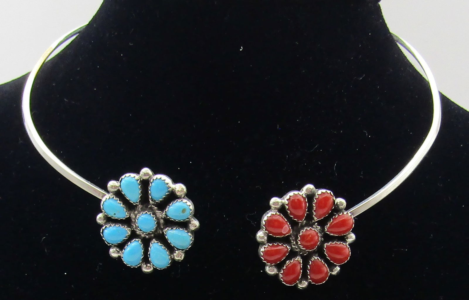 LB TURQUOISE CORAL CLUSTER NECKLACE STERLING SILVE: ARTIST HALLMARKED "LB STERLING" SILVER WITH TWO 1" TURQUOISE AND CORAL CLUSTERS. NATIVE AMERICAN SOUTHWEST NAVAJO INDIAN JEWELRY. WEIGHS 25.7 GRAMS. ADJUSTABLE TO FIT ANY SIZE. EXCELLENT